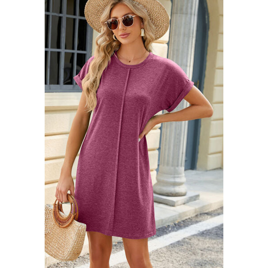 Heathered Round Neck Short Sleeve Dress Cerise / S Apparel and Accessories