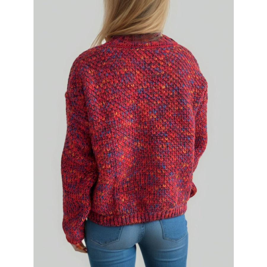 Heathered Turtleneck Dropped Shoulder Sweater Deep Red / One Size Apparel and Accessories