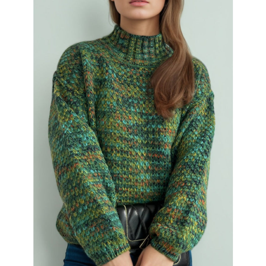 Heathered Turtleneck Dropped Shoulder Sweater Dark Green / One Size Apparel and Accessories