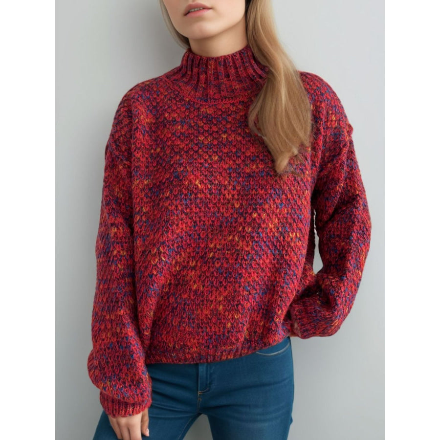 Heathered Turtleneck Dropped Shoulder Sweater Deep Red / One Size Apparel and Accessories