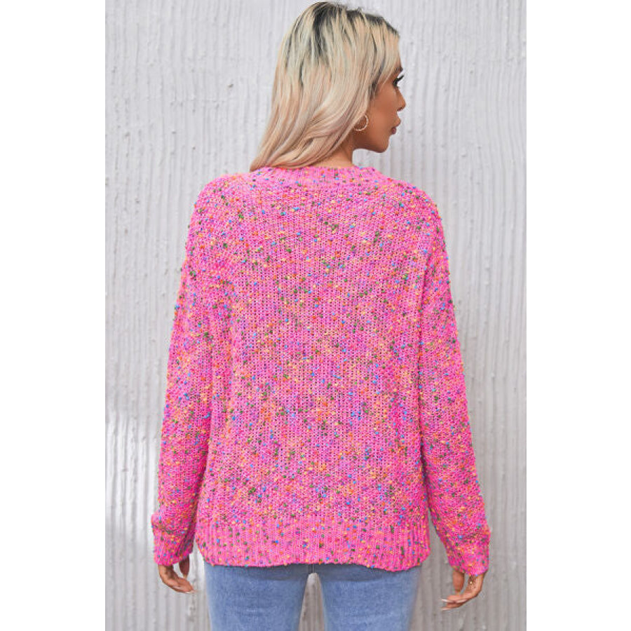 Heathered V - Neck Dropped Shoulder Sweater Fuchsia Pink / S Apparel and Accessories