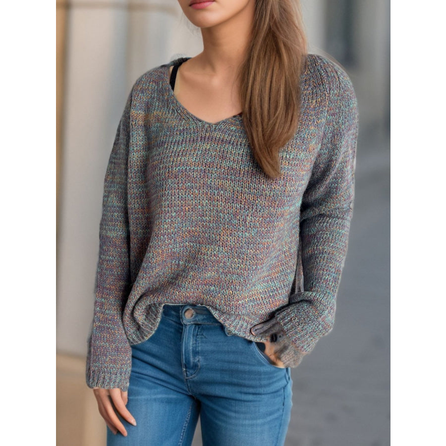 Heathered V-Neck Long Sleeve Sweater Apparel and Accessories