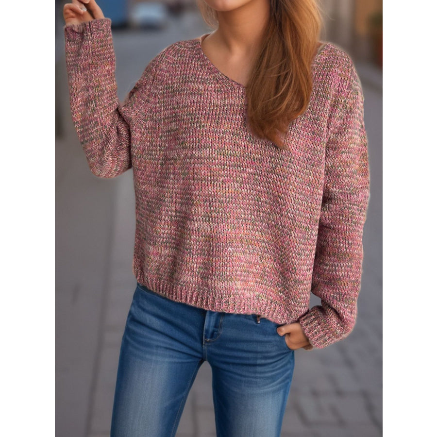 Heathered V-Neck Long Sleeve Sweater Dusty Pink / One Size Apparel and Accessories