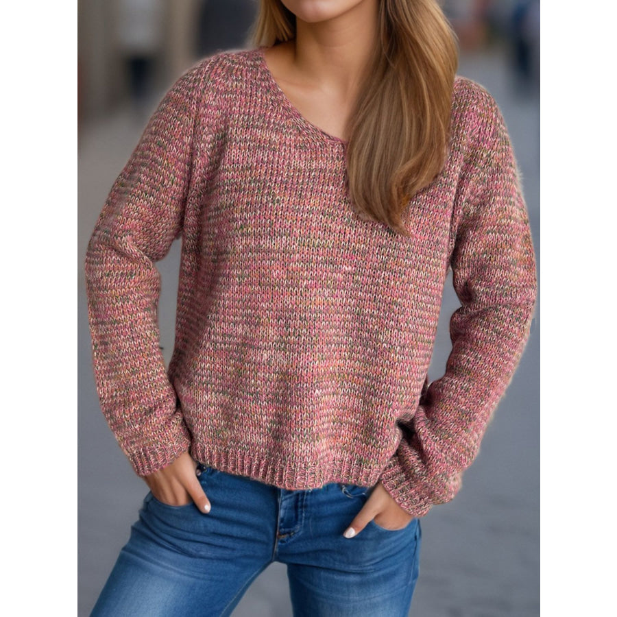 Heathered V-Neck Long Sleeve Sweater Apparel and Accessories