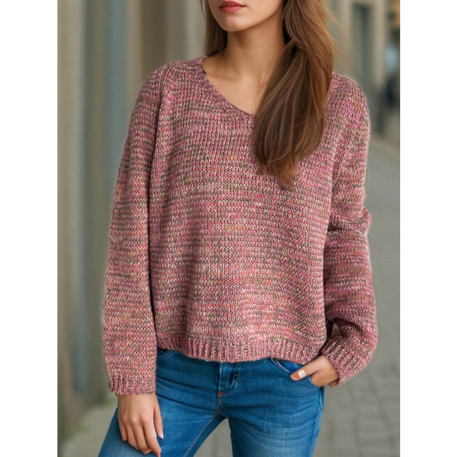 Heathered V-Neck Long Sleeve Sweater Dusty Pink / One Size Apparel and Accessories