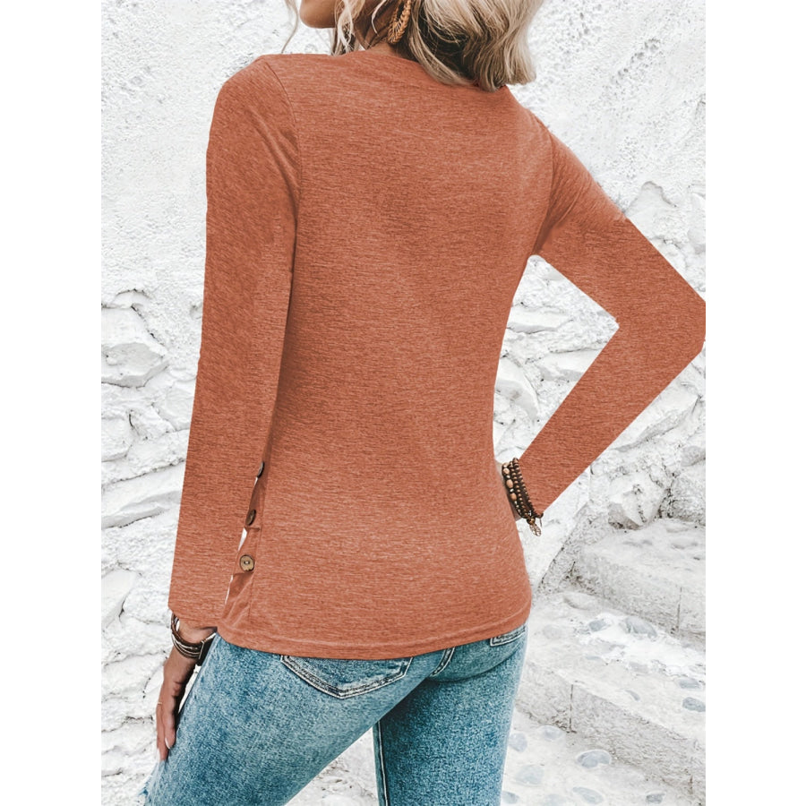 Heathered V-Neck Long Sleeve T-Shirt Terracotta / S Apparel and Accessories