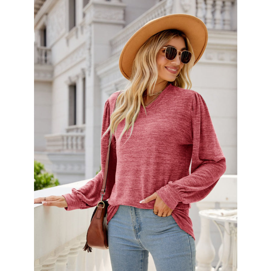 Heathered V-Neck Long Sleeve T-Shirt Deep Rose / S Apparel and Accessories