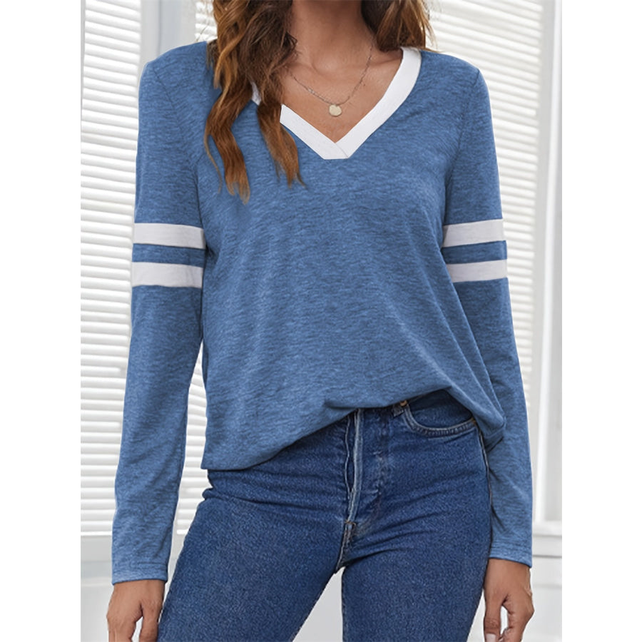 Heathered V-Neck Long Sleeve T-Shirt Dusty Blue / S Apparel and Accessories