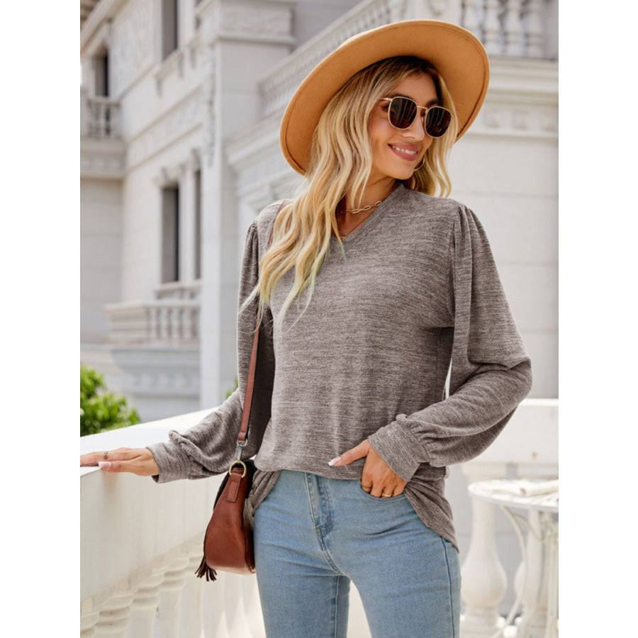 Heathered V-Neck Long Sleeve T-Shirt Mocha / S Apparel and Accessories