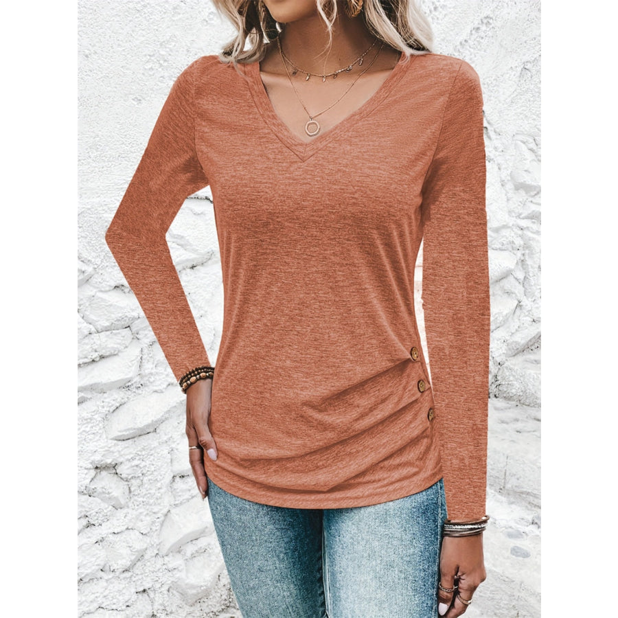 Heathered V-Neck Long Sleeve T-Shirt Terracotta / S Apparel and Accessories