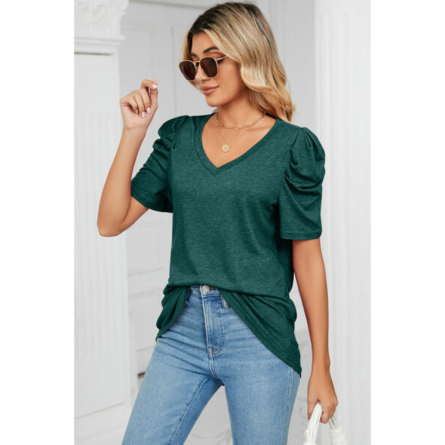 Heathered V - Neck Puff Sleeve T - Shirt Apparel and Accessories