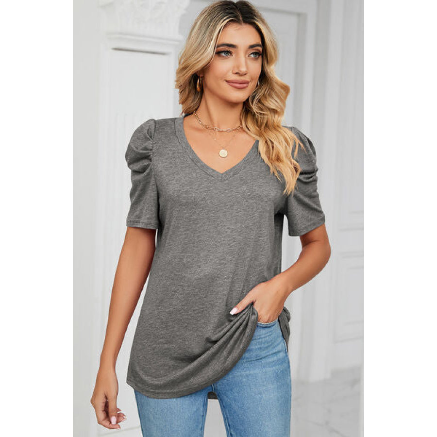 Heathered V - Neck Puff Sleeve T - Shirt Apparel and Accessories
