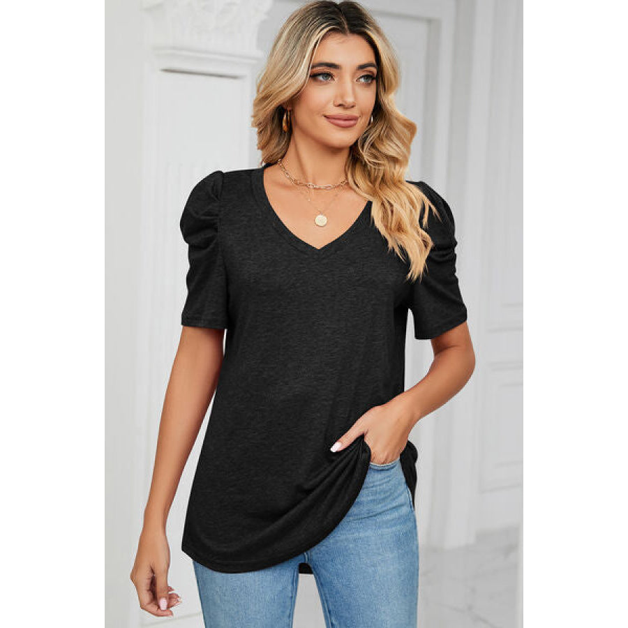 Heathered V - Neck Puff Sleeve T - Shirt Apparel and Accessories