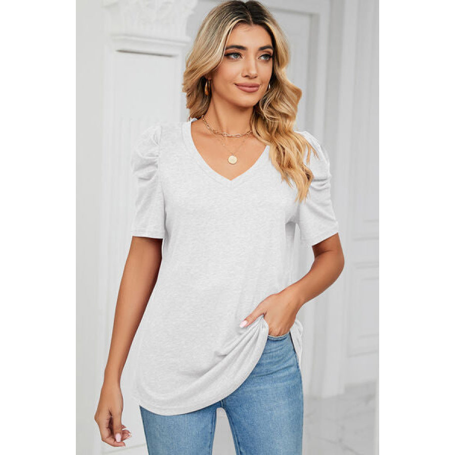 Heathered V - Neck Puff Sleeve T - Shirt Apparel and Accessories