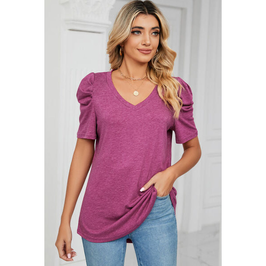 Heathered V - Neck Puff Sleeve T - Shirt Apparel and Accessories