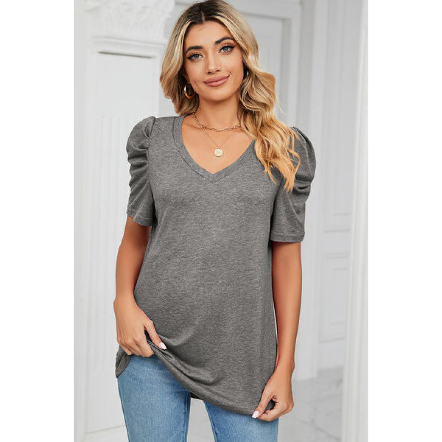 Heathered V - Neck Puff Sleeve T - Shirt Charcoal / S Apparel and Accessories