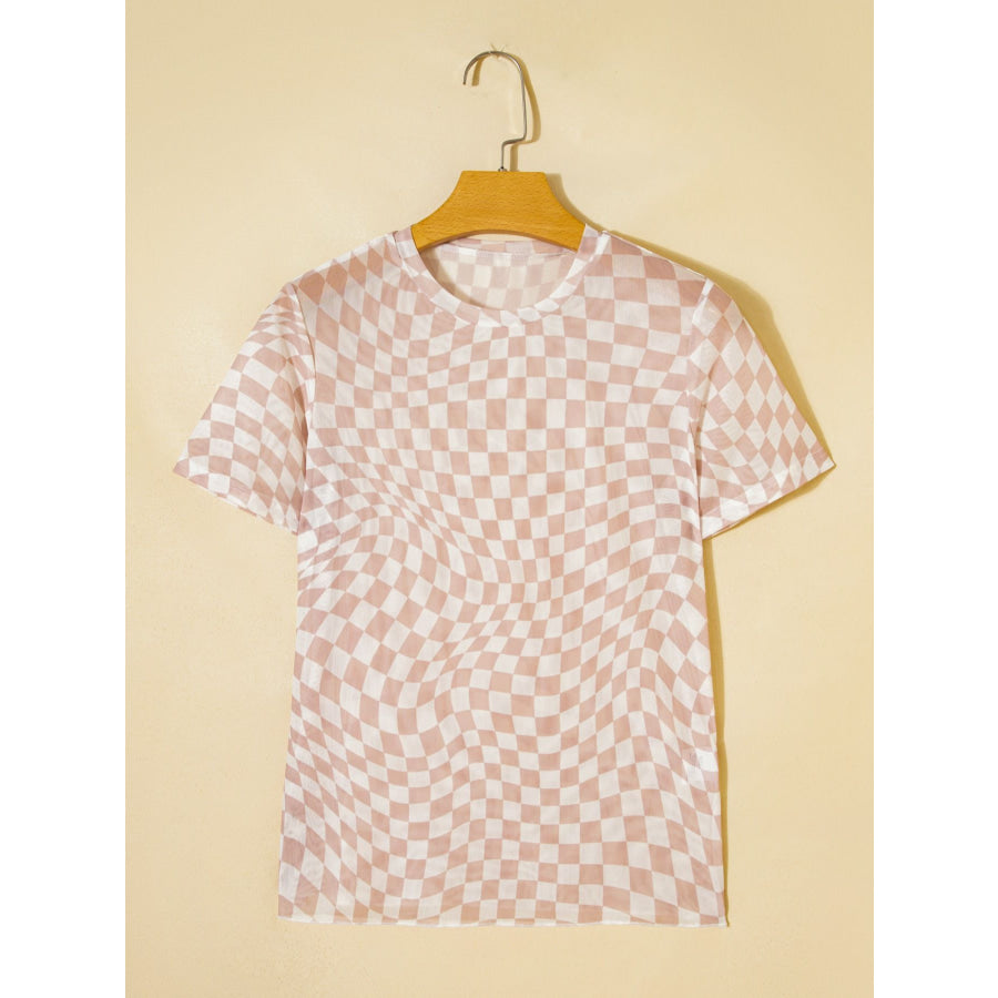 heckered Print Crew Neck Mesh T Shirt Apparel and Accessories