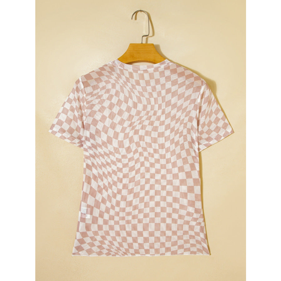 heckered Print Crew Neck Mesh T Shirt Apparel and Accessories