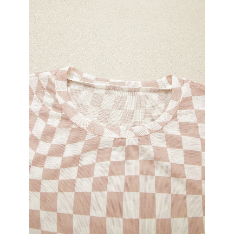 heckered Print Crew Neck Mesh T Shirt Apparel and Accessories