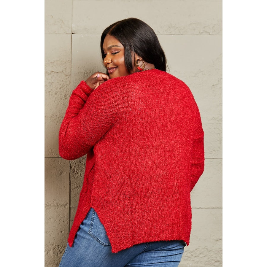 Heimish By The Fire Full Size Draped Detail Knit Sweater Red / S