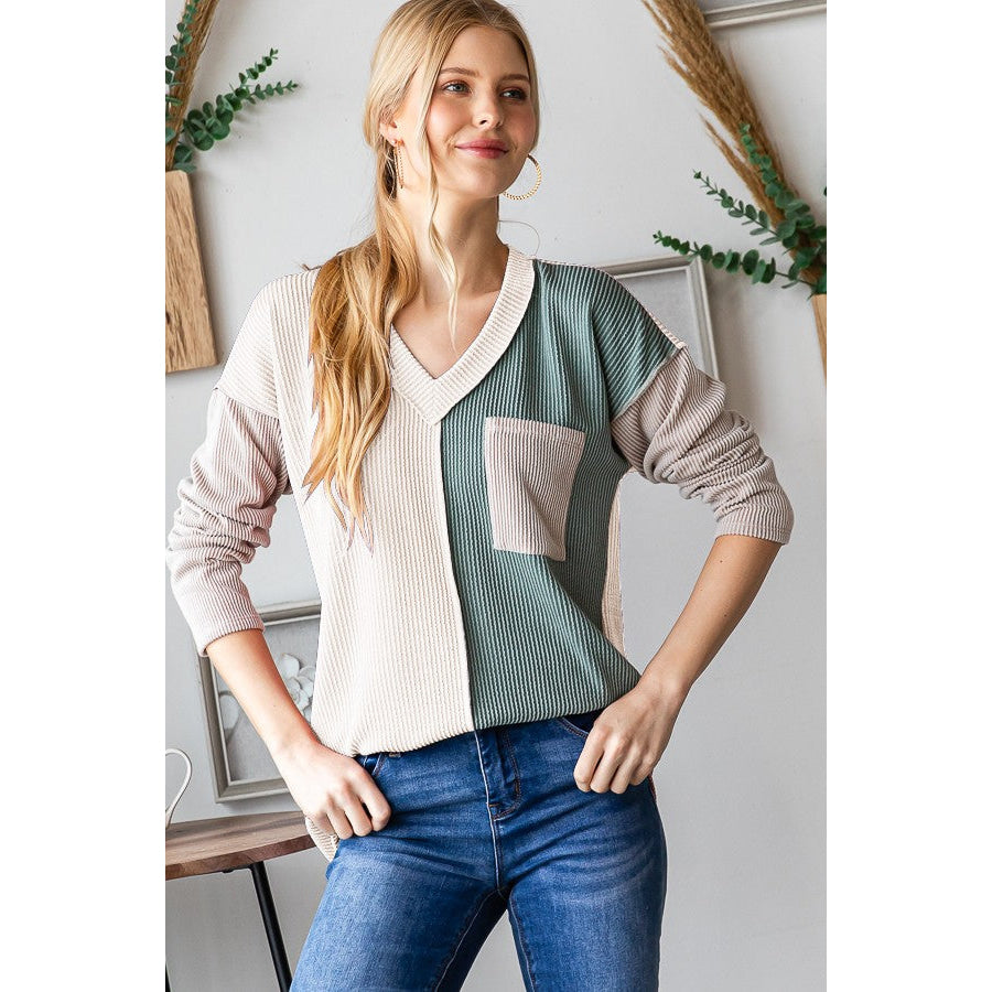 Heimish Color Block Exposed Seam Ribbed T-Shirt Cream / S Apparel and Accessories