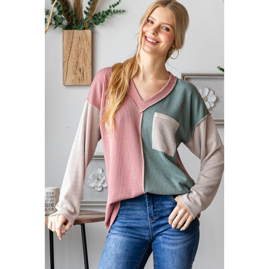 Heimish Color Block Exposed Seam Ribbed T-Shirt Mauve / S Apparel and Accessories