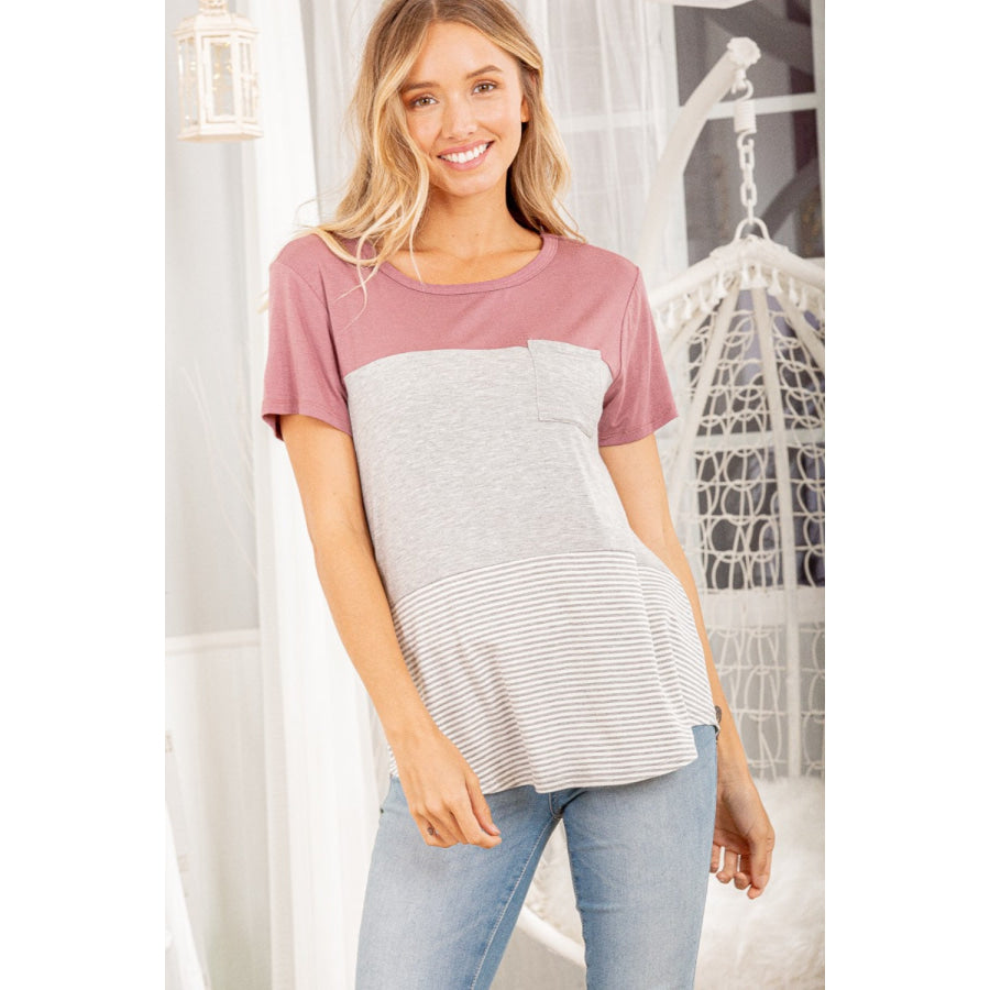 Heimish Color Block Striped Round Neck Short Sleeve T-Shirt MAUVEHGREY / S Apparel and Accessories