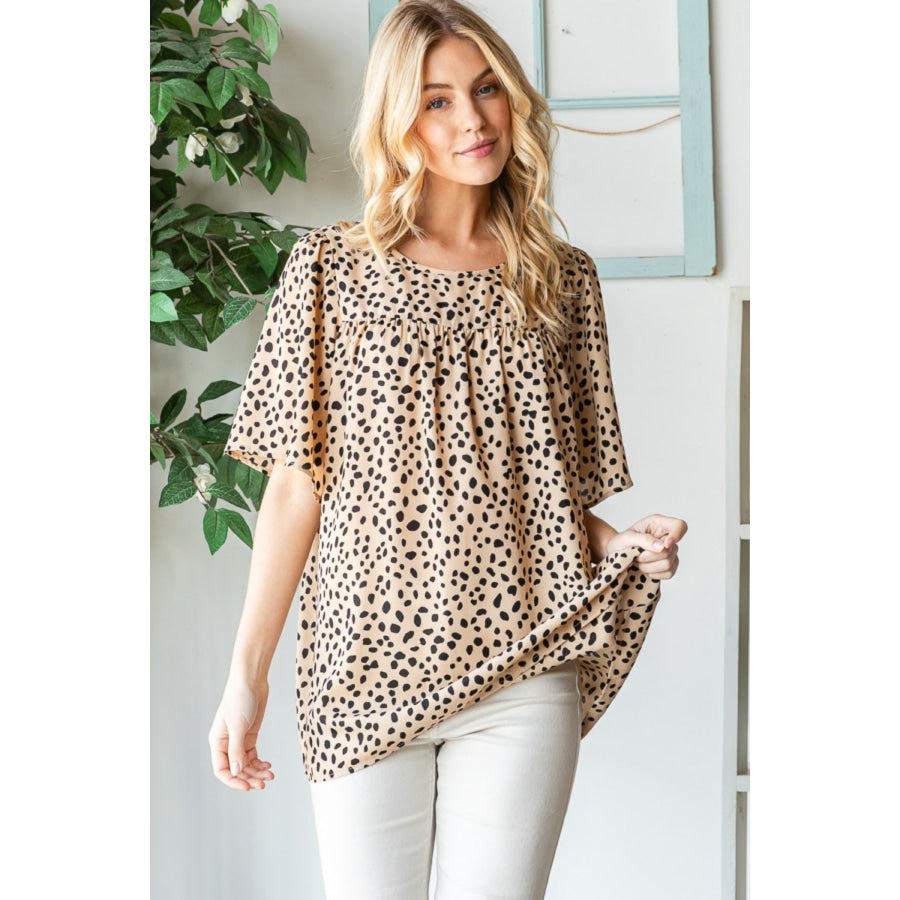 Heimish Full Size Animal Print Flutter Sleeve Blouse Khaki / S Apparel and Accessories