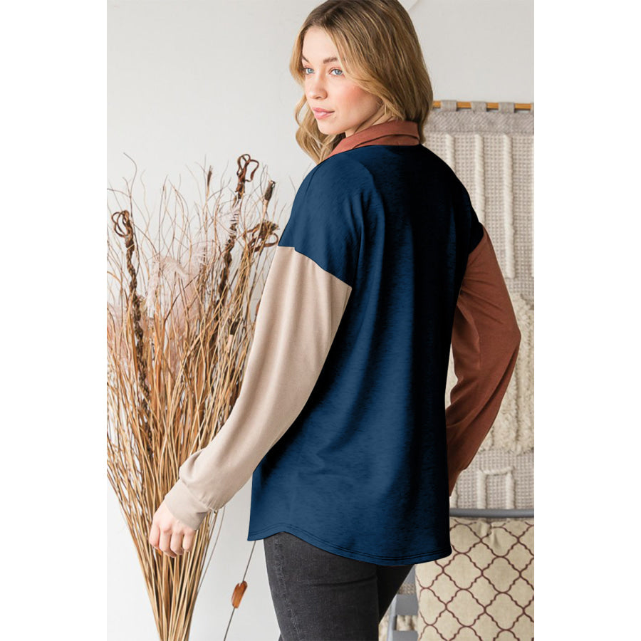 Heimish Full Size Color Block Button Down Shirt Teal Blue / S Apparel and Accessories