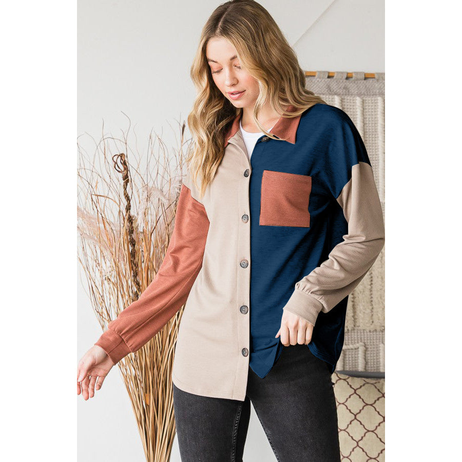 Heimish Full Size Color Block Button Down Shirt Apparel and Accessories