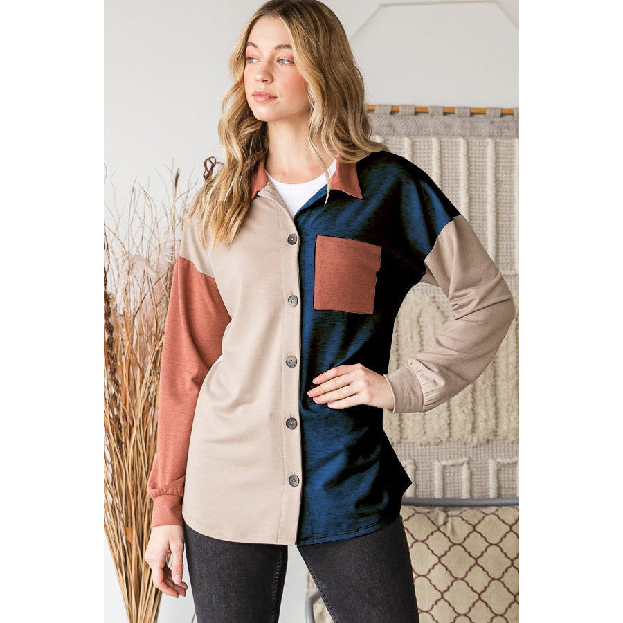 Heimish Full Size Color Block Button Down Shirt Teal Blue / S Apparel and Accessories