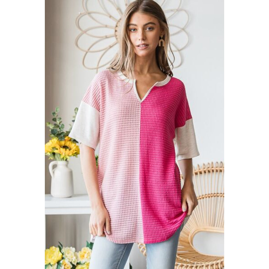 Heimish Full Size Contrast Waffle - Knit Half Sleeve Blouse Apparel and Accessories