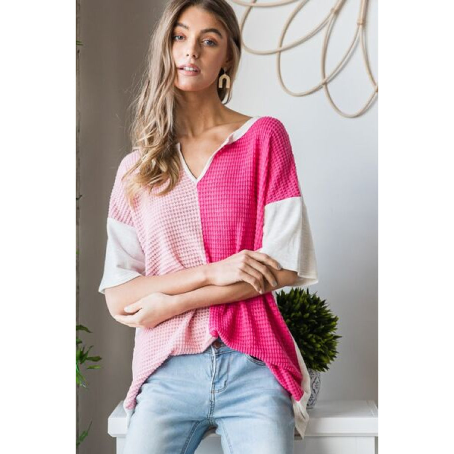Heimish Full Size Contrast Waffle - Knit Half Sleeve Blouse Fuchsia / S Apparel and Accessories