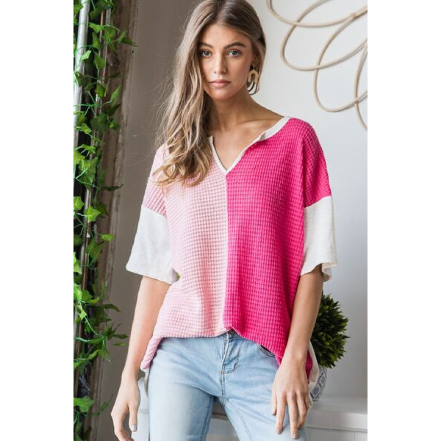 Heimish Full Size Contrast Waffle - Knit Half Sleeve Blouse Fuchsia / S Apparel and Accessories