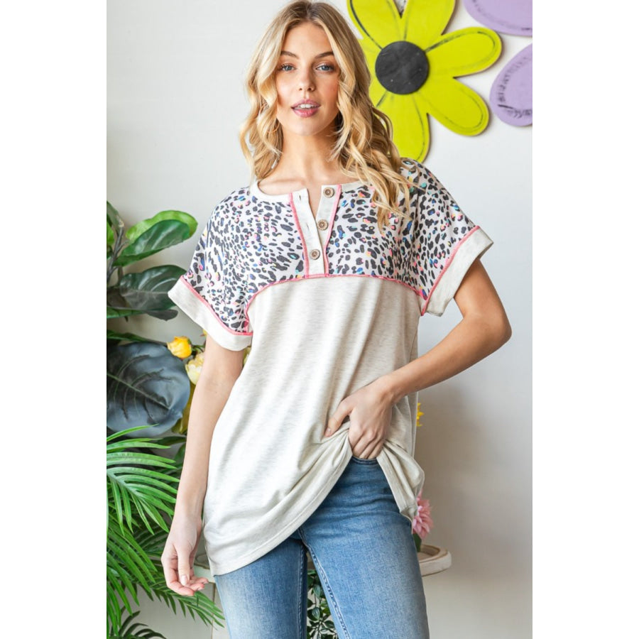 Heimish Full Size Exposed Seam Leopard Short Sleeve T-Shirt Oatmeal / S Apparel and Accessories