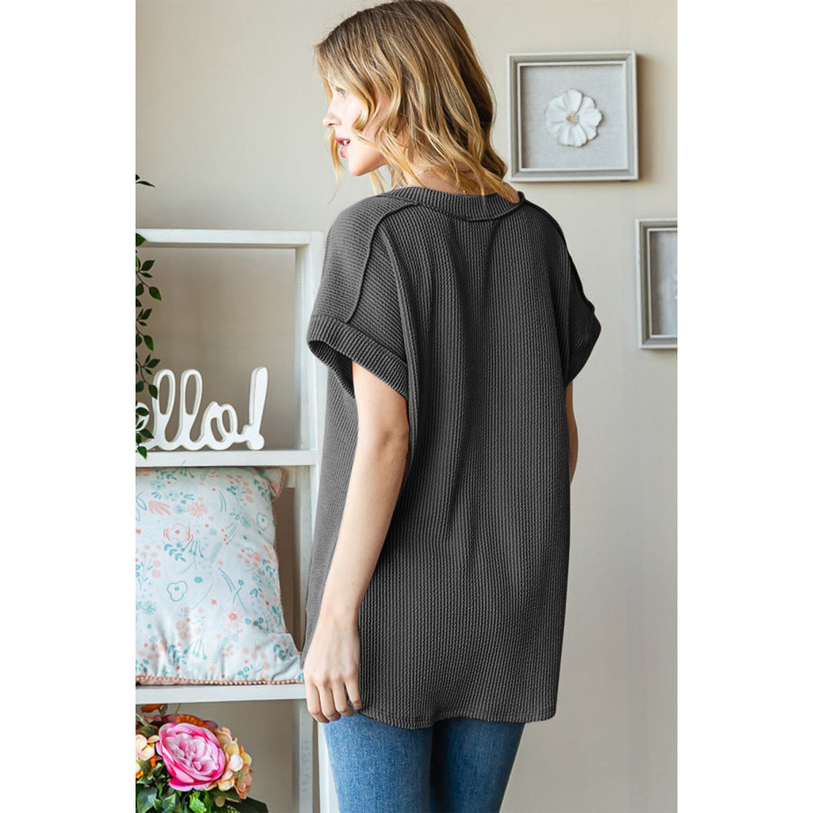 Heimish Full Size Exposed Seam Short Sleeve Ribbed Top Charcoal / S Apparel and Accessories