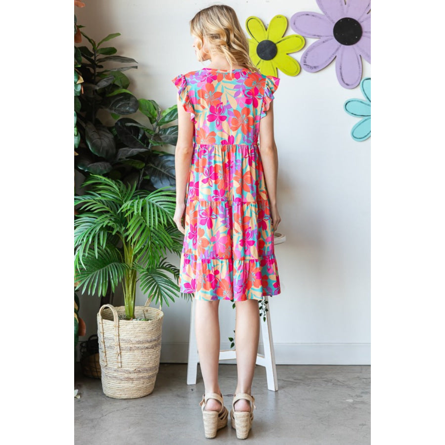 Heimish Full Size Floral Cap Sleeve Tiered Dress Apparel and Accessories