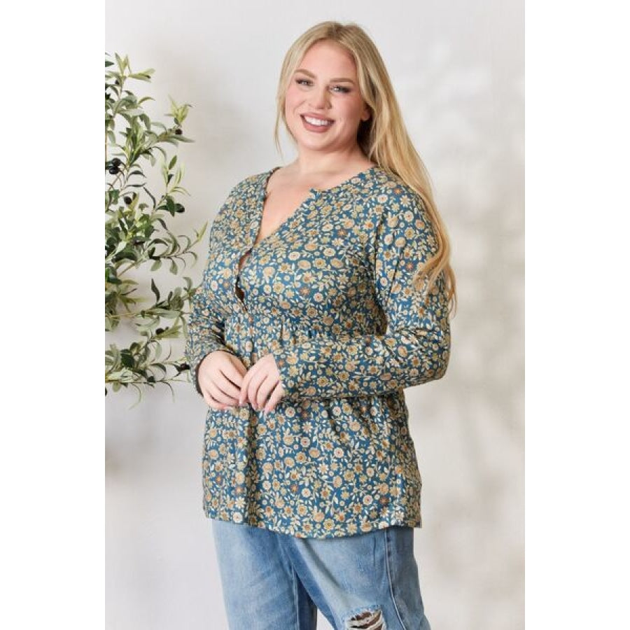 Heimish Full Size Floral Half Button Long Sleeve Blouse Clothing