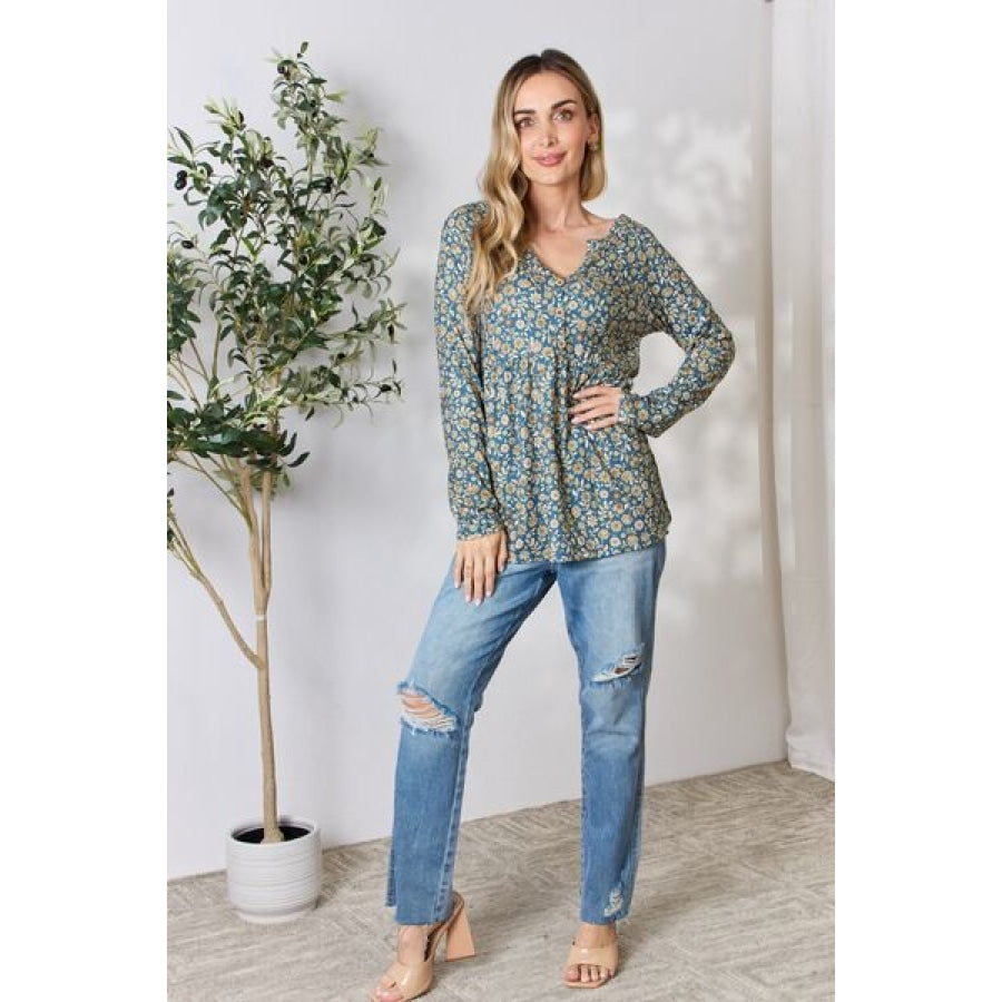 Heimish Full Size Floral Half Button Long Sleeve Blouse Clothing