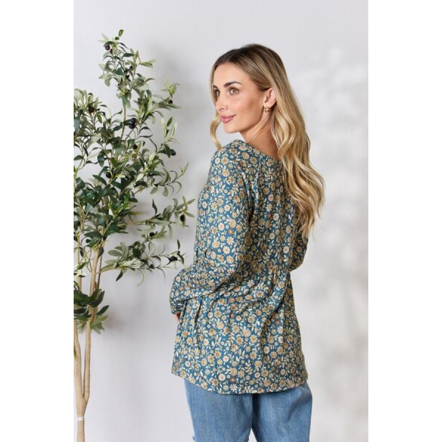 Heimish Full Size Floral Half Button Long Sleeve Blouse Clothing