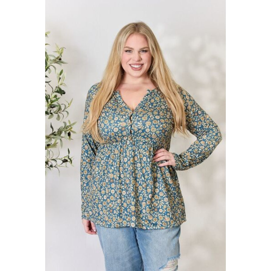 Heimish Full Size Floral Half Button Long Sleeve Blouse Clothing