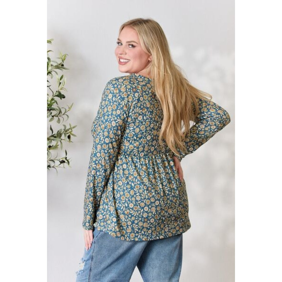 Heimish Full Size Floral Half Button Long Sleeve Blouse Clothing