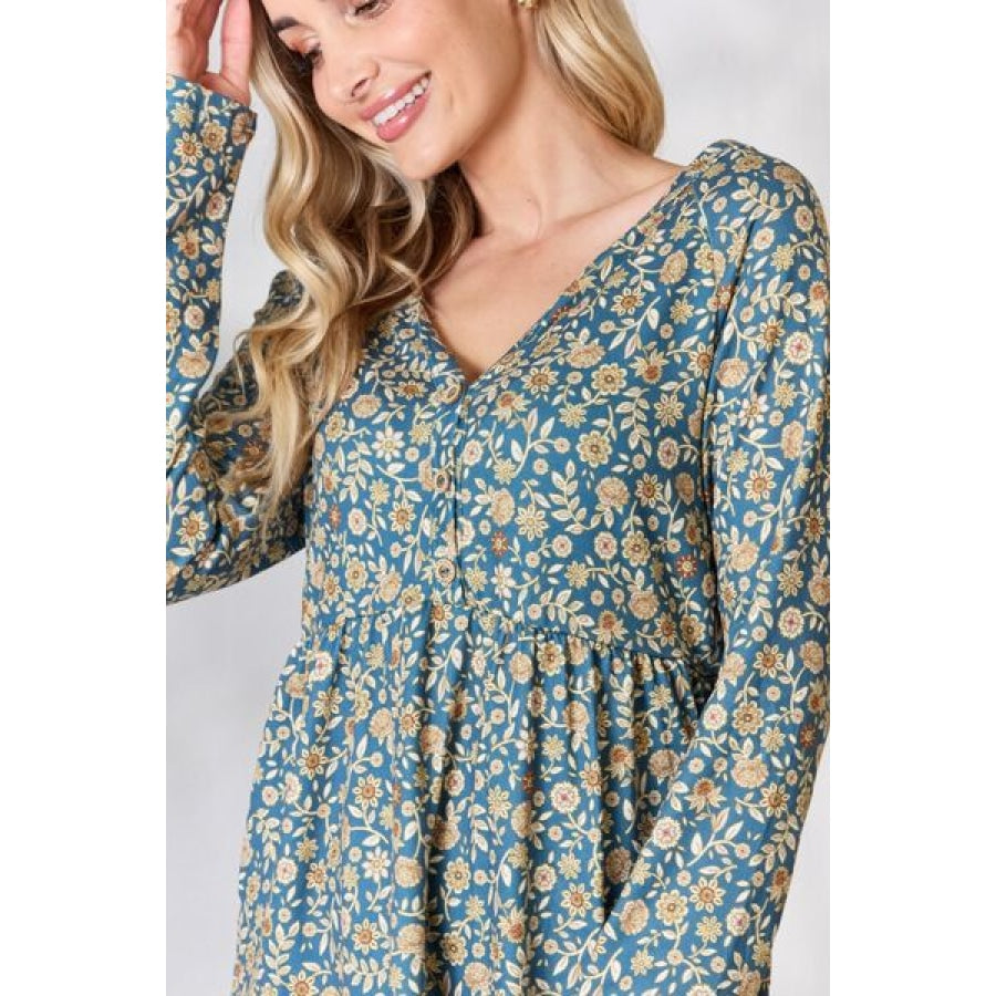 Heimish Full Size Floral Half Button Long Sleeve Blouse Clothing