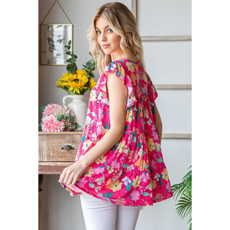 Heimish Full Size Floral Ruffle Sleeve Tiered Blouse Fuchsia Multi / S Apparel and Accessories