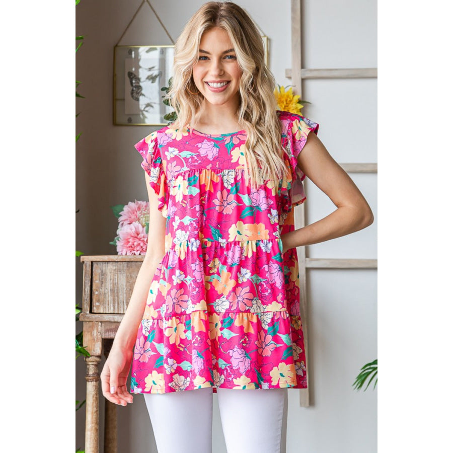 Heimish Full Size Floral Ruffle Sleeve Tiered Blouse Fuchsia Multi / S Apparel and Accessories