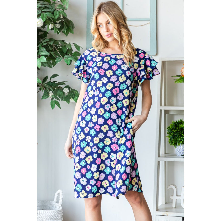 Heimish Full Size Floral Ruffled Short Sleeve Dress with Pockets Apparel and Accessories