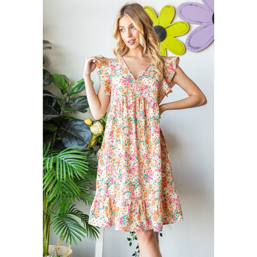 Heimish Full Size Floral Ruffled V - Neck Dress Apparel and Accessories