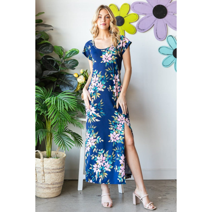 Heimish Full Size Floral Short Sleeve Slit Dress Navy Multi / S Apparel and Accessories