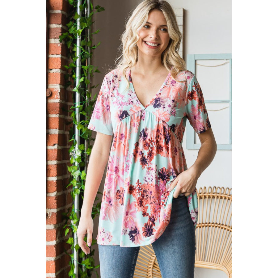 Heimish Full Size Floral V-Neck Short Sleeve Babydoll Blouse Apparel and Accessories