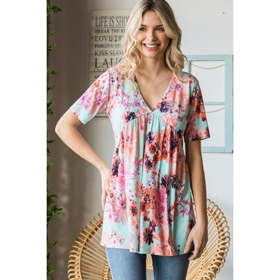 Heimish Full Size Floral V-Neck Short Sleeve Babydoll Blouse MINT / S Apparel and Accessories